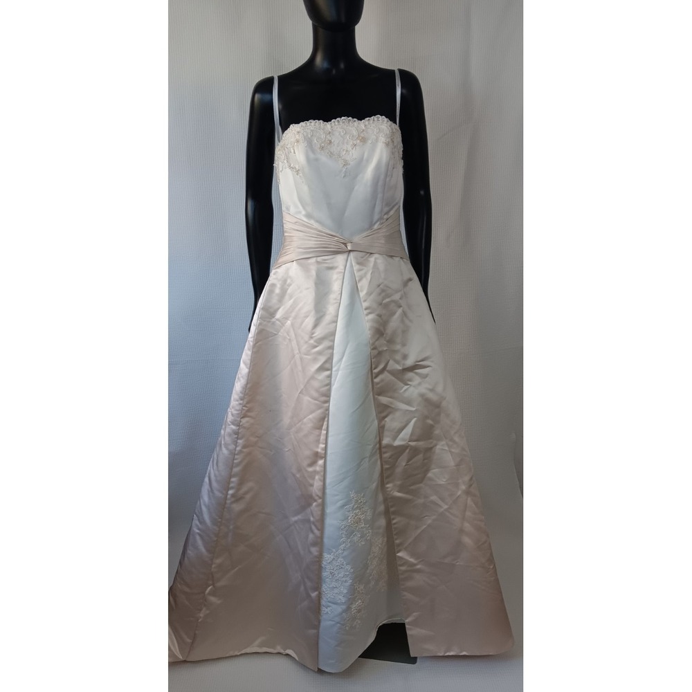 David's Bridal Strapless Beaded Champagne Satin Pleated Wedding Gown dress 12